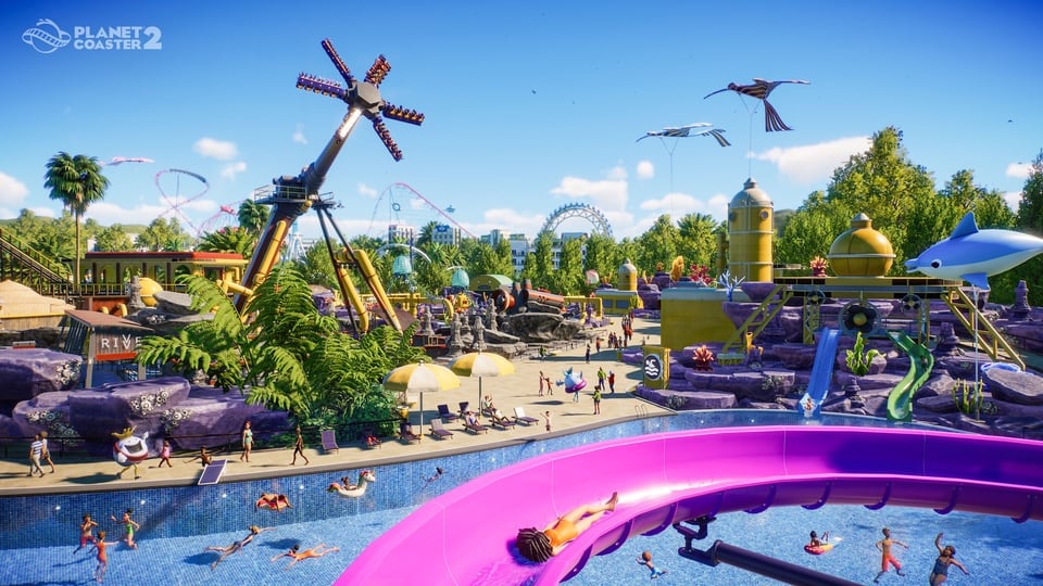 Planet Coaster 2 wide shot of a water park