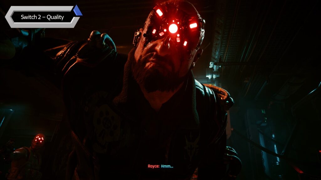 Cyberpunk 2077 on Switch 2, cutscene with light-face man
