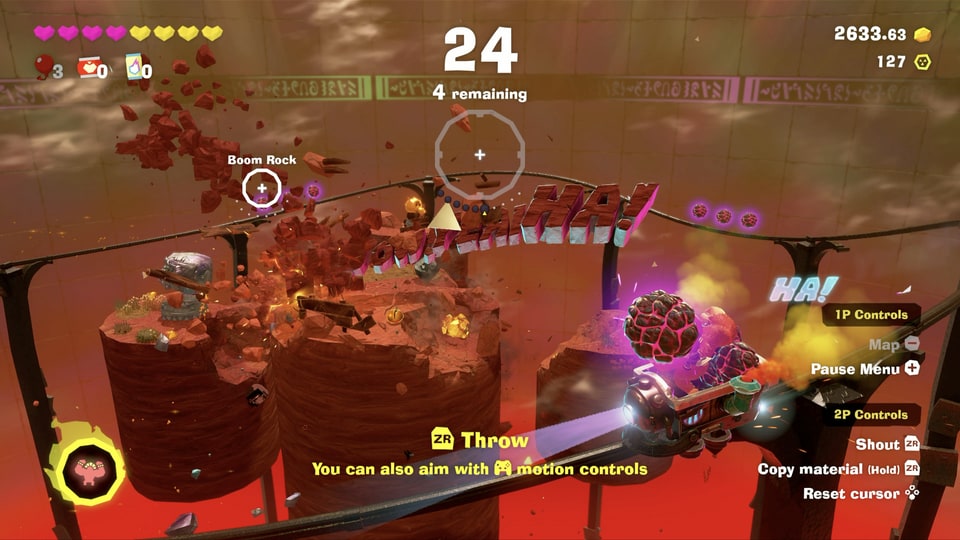 Donkey Kong Bananza – Co-op minecart stage with two crosshairs