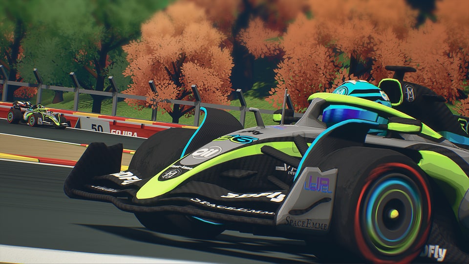 Formula Legends – modern style F1 car driving toward screen