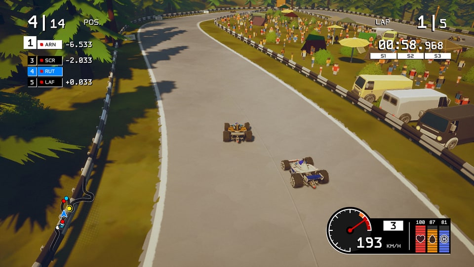 Formula Legends – Top-down follow camera view of F1 cars racing