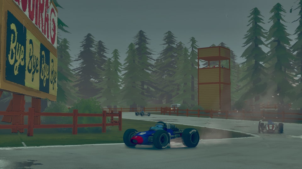 Formula Legends – classic 1970s F1 cars driving through wooded race circuit