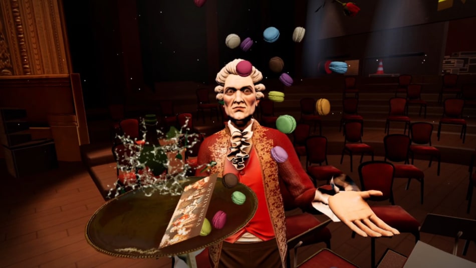 Maestro – white-wigged Librariant presenting macarons in tutorial
