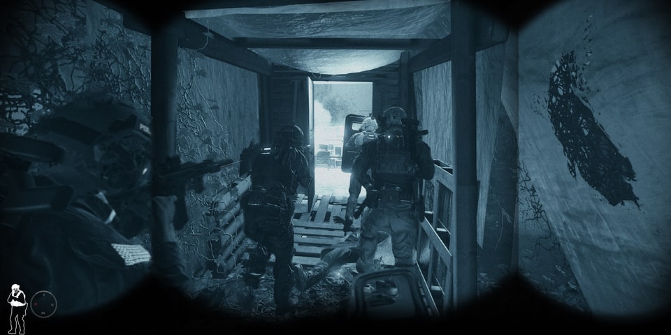 Ready or Not – SWAT squad approaching doorway, viewed through night vision goggles