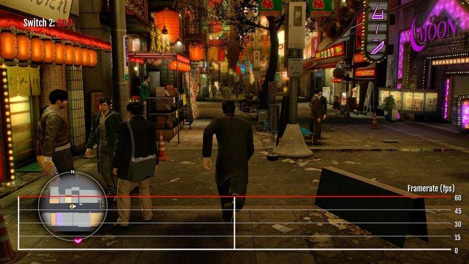 Yakuza 0 Switch 2 Frame Rate test – Majima running through Sotenbori district at night