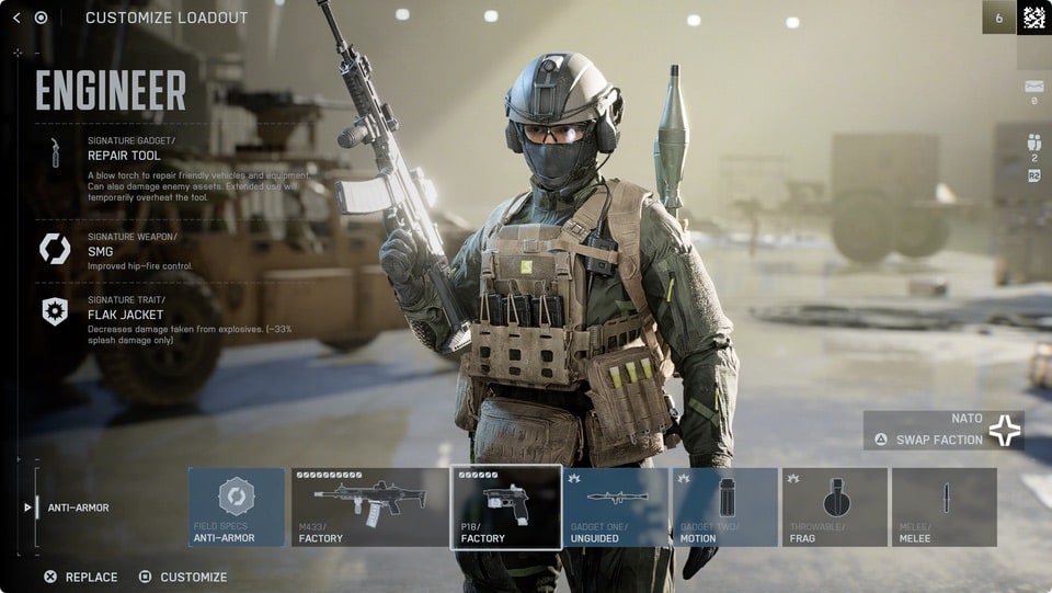 Battlefield 6 Engineer class loadout screen