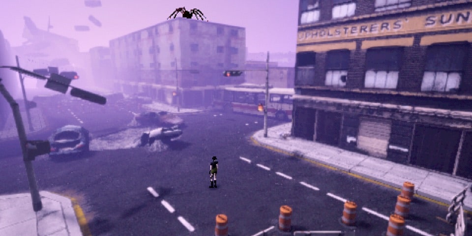 Heartworm – Sam in an empty city with a giant spider on the roof